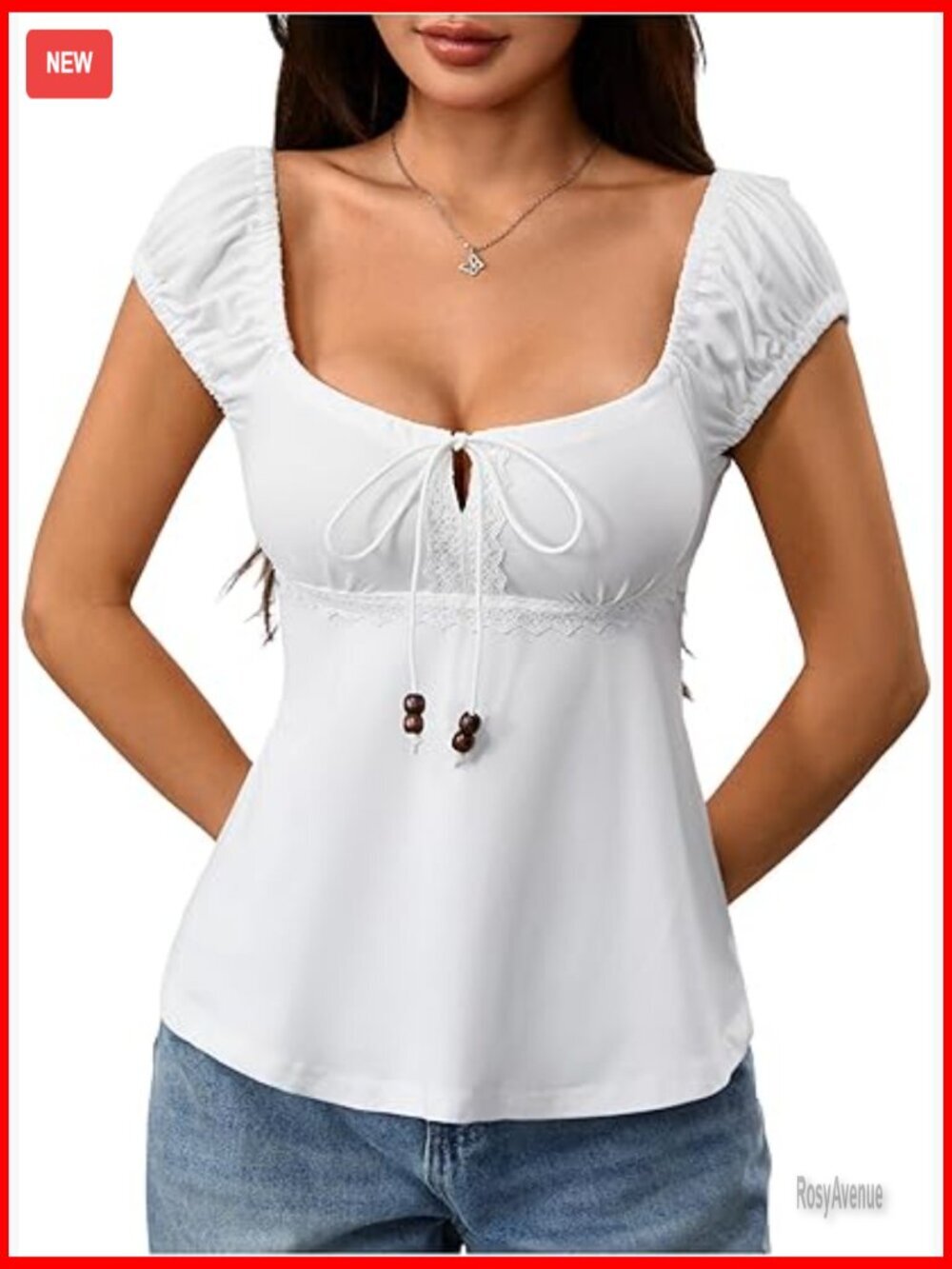 Square Neck Babydoll Top Short Sleeve Tie Front Lace Trim Peplum T Shirt